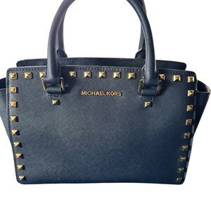 Michael Kors Medium TZ SELMA STUD Satchel Bag NAVY Blue Saffiano Leather